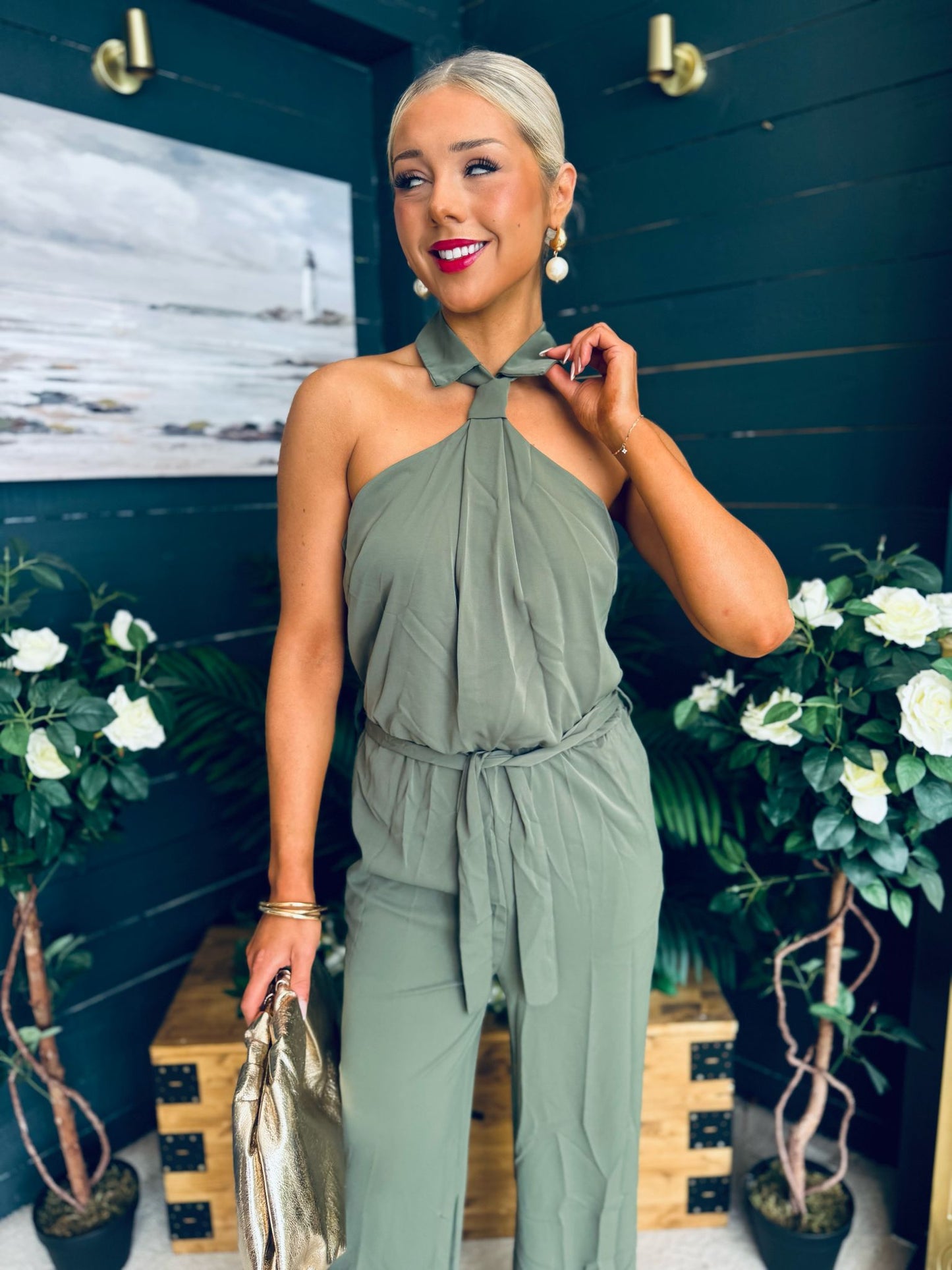 Brandi Halterneck Collared Jumpsuit Khaki