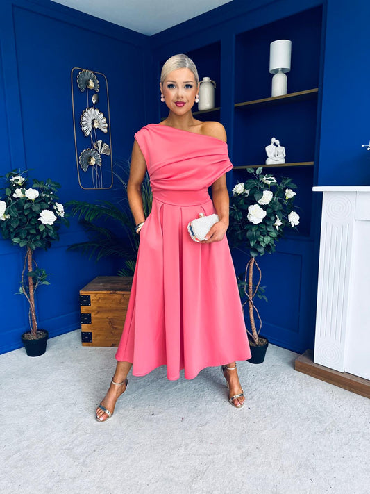 Breffy Asymmetric Neckline Skater Midi Rose