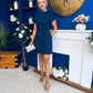 Ami Tulip Sleeve High Neck Mini Dress Navy