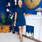 Ami Tulip Sleeve High Neck Mini Dress Navy