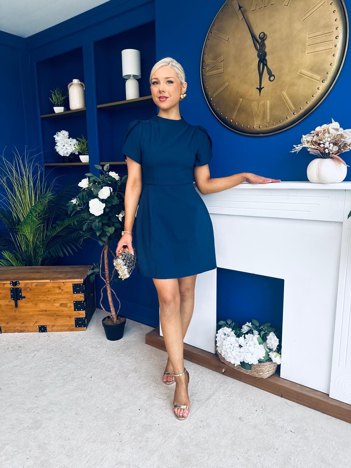 Ami Tulip Sleeve High Neck Mini Dress Navy
