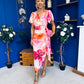 Drew Puff Sleeve Wrap Front Midi Dress Pink & Orange