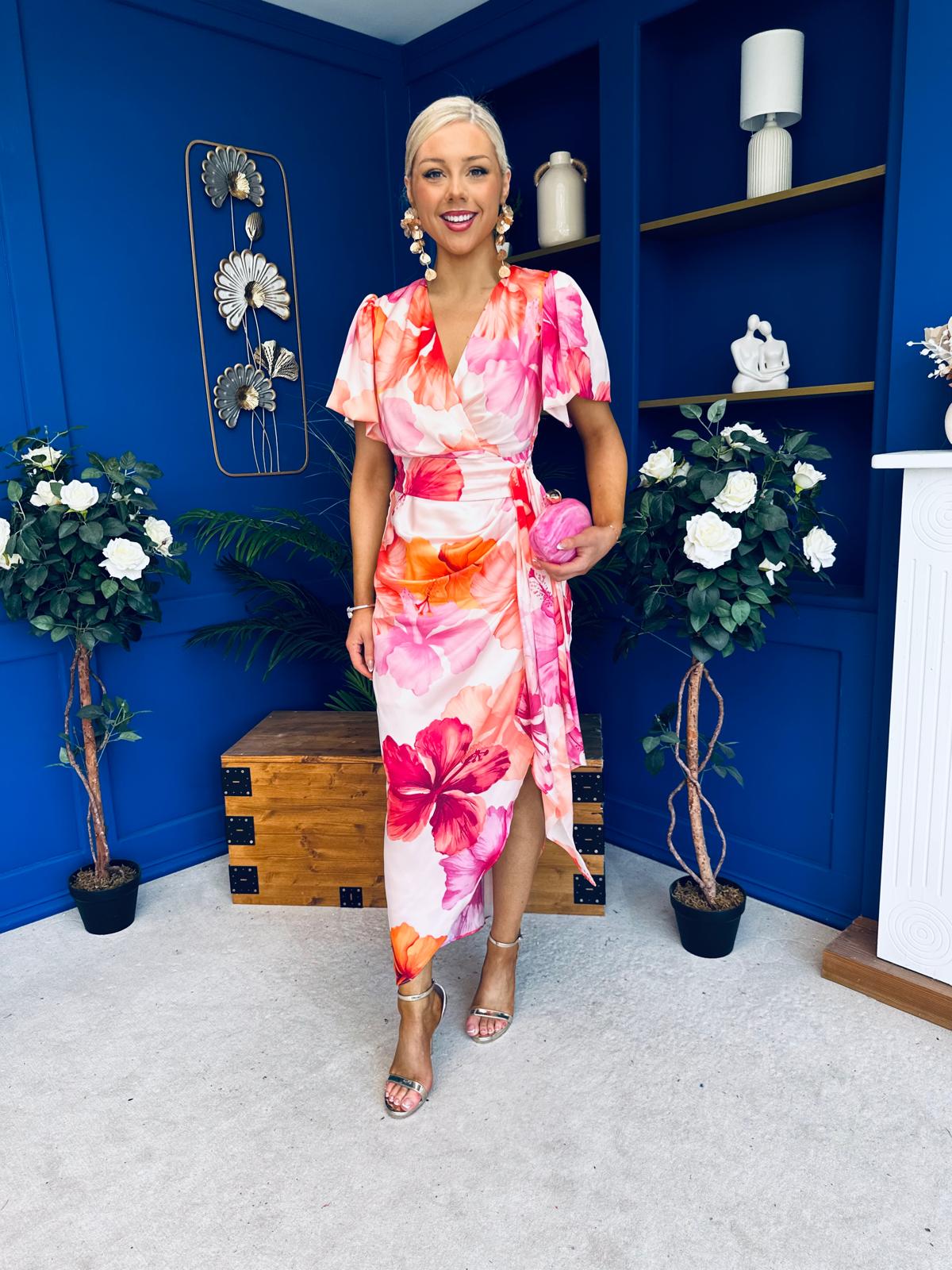 Drew Puff Sleeve Wrap Front Midi Dress Pink & Orange