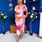 Drew Puff Sleeve Wrap Front Midi Dress Pink & Orange