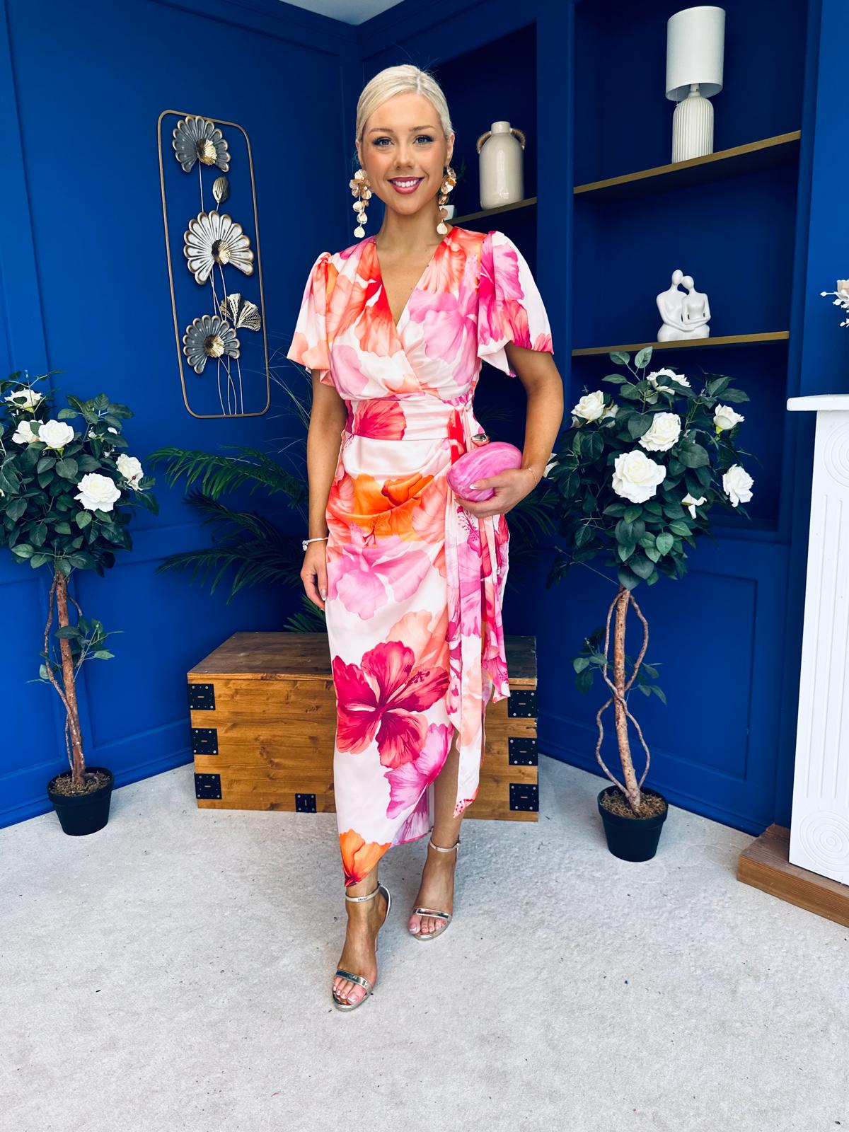 Drew Puff Sleeve Wrap Front Midi Dress Pink & Orange