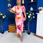 Drew Puff Sleeve Wrap Front Midi Dress Pink & Orange