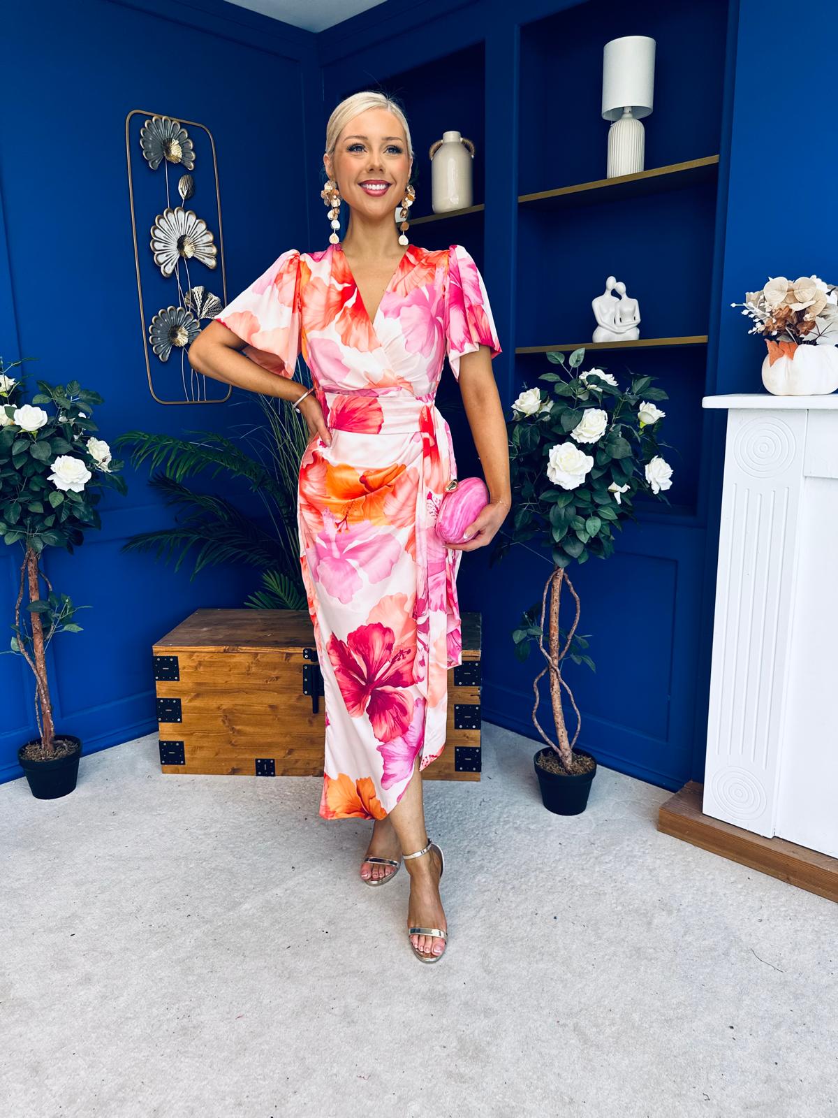 Drew Puff Sleeve Wrap Front Midi Dress Pink & Orange