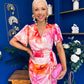 Drew Puff Sleeve Wrap Front Midi Dress Pink & Orange
