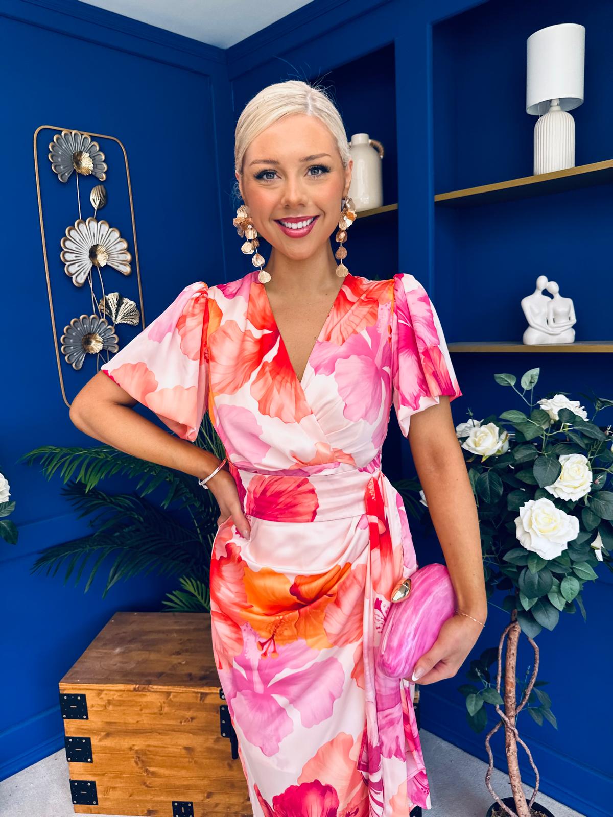 Drew Puff Sleeve Wrap Front Midi Dress Pink & Orange