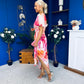 Drew Puff Sleeve Wrap Front Midi Dress Pink & Orange