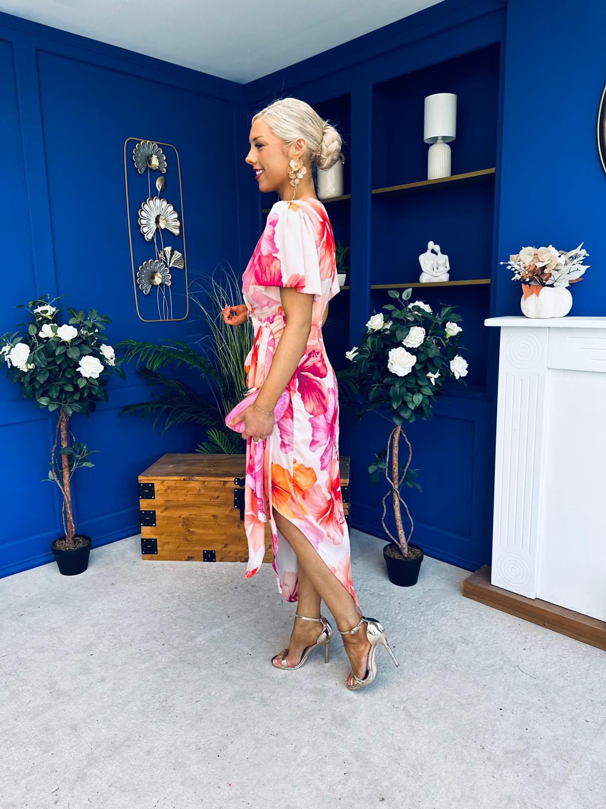 Drew Puff Sleeve Wrap Front Midi Dress Pink & Orange