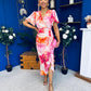 Drew Puff Sleeve Wrap Front Midi Dress Pink & Orange