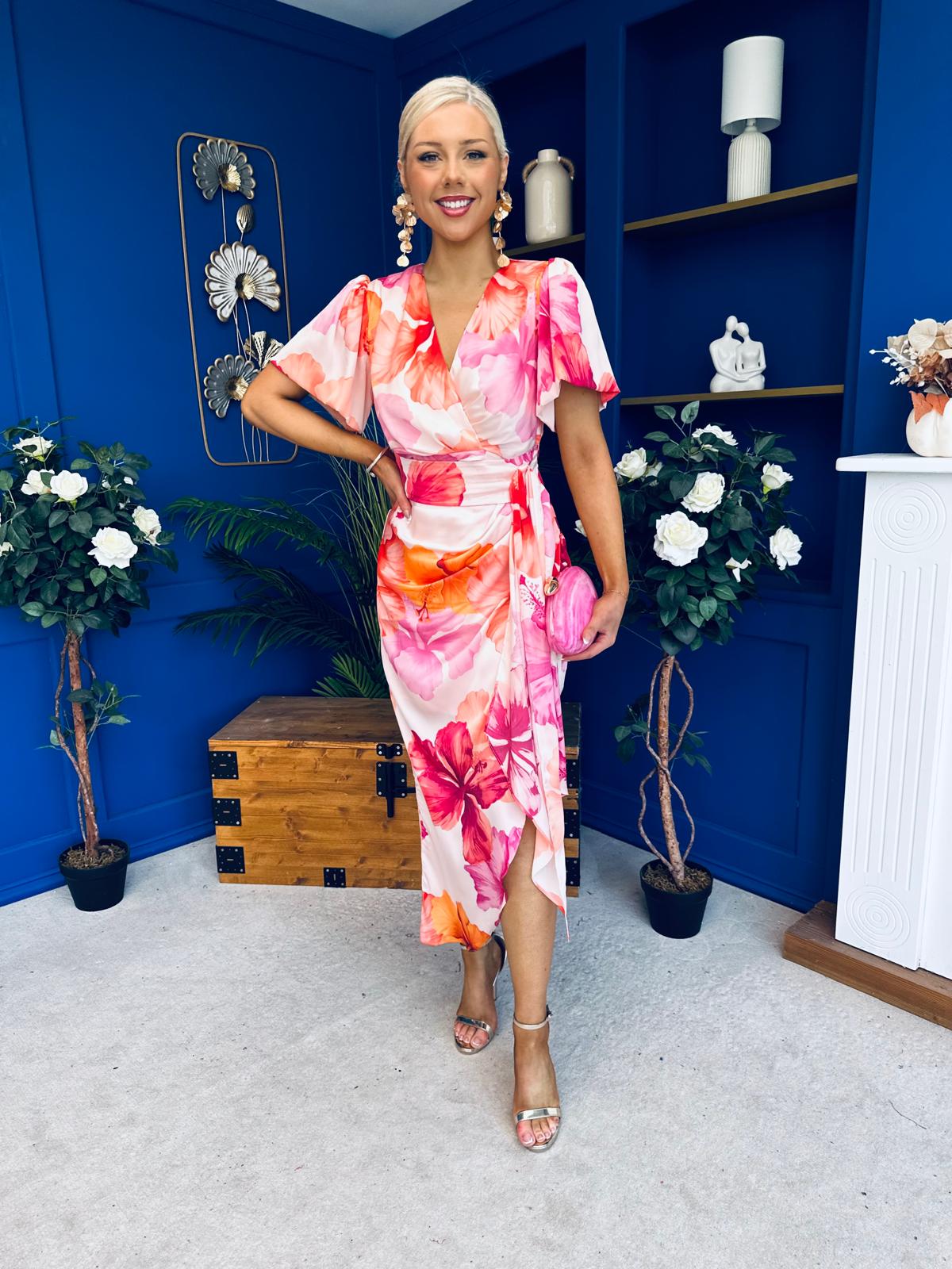 Drew Puff Sleeve Wrap Front Midi Dress Pink & Orange