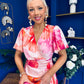 Drew Puff Sleeve Wrap Front Midi Dress Pink & Orange