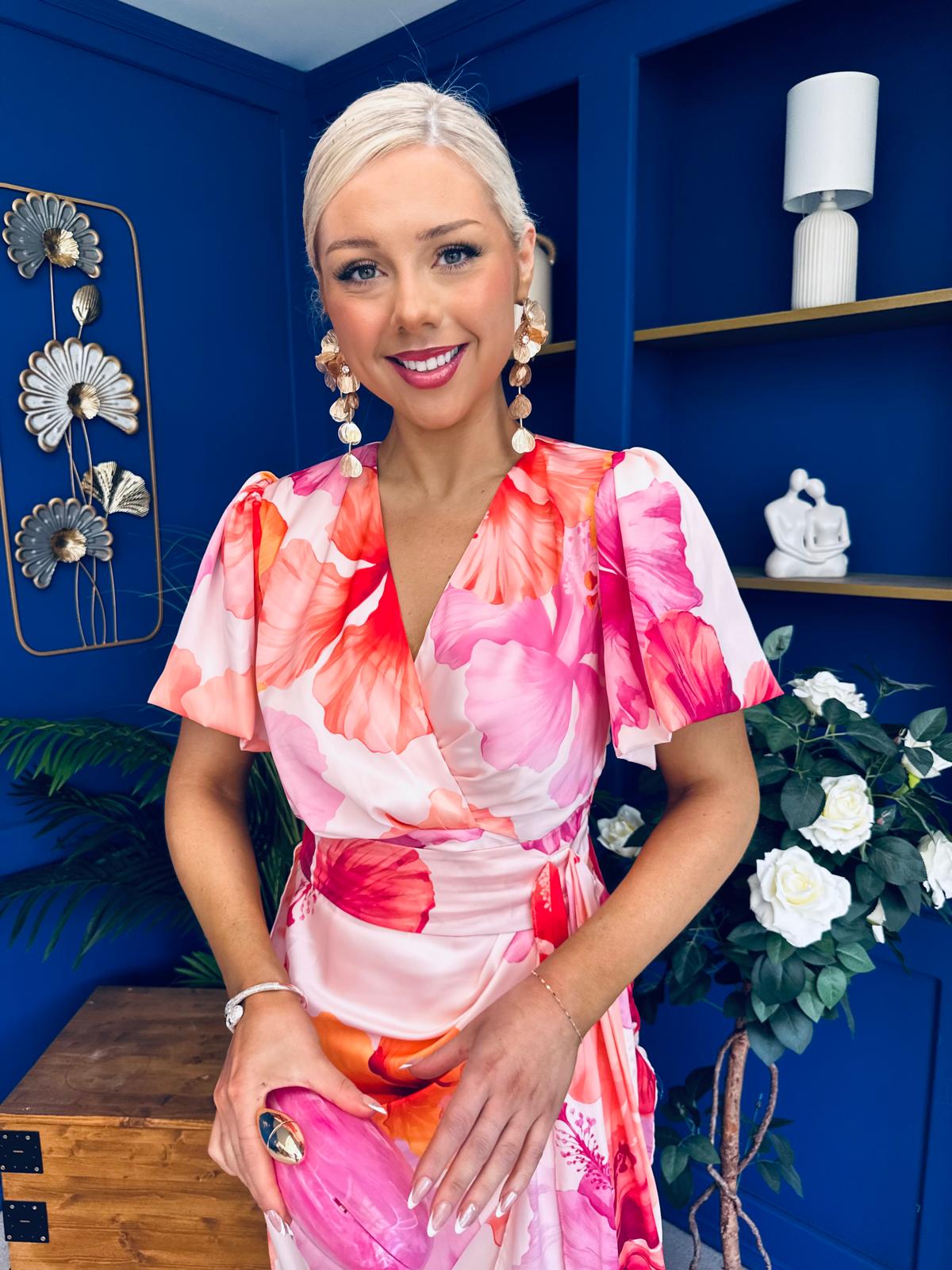 Drew Puff Sleeve Wrap Front Midi Dress Pink & Orange