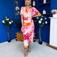 Drew Puff Sleeve Wrap Front Midi Dress Pink & Orange