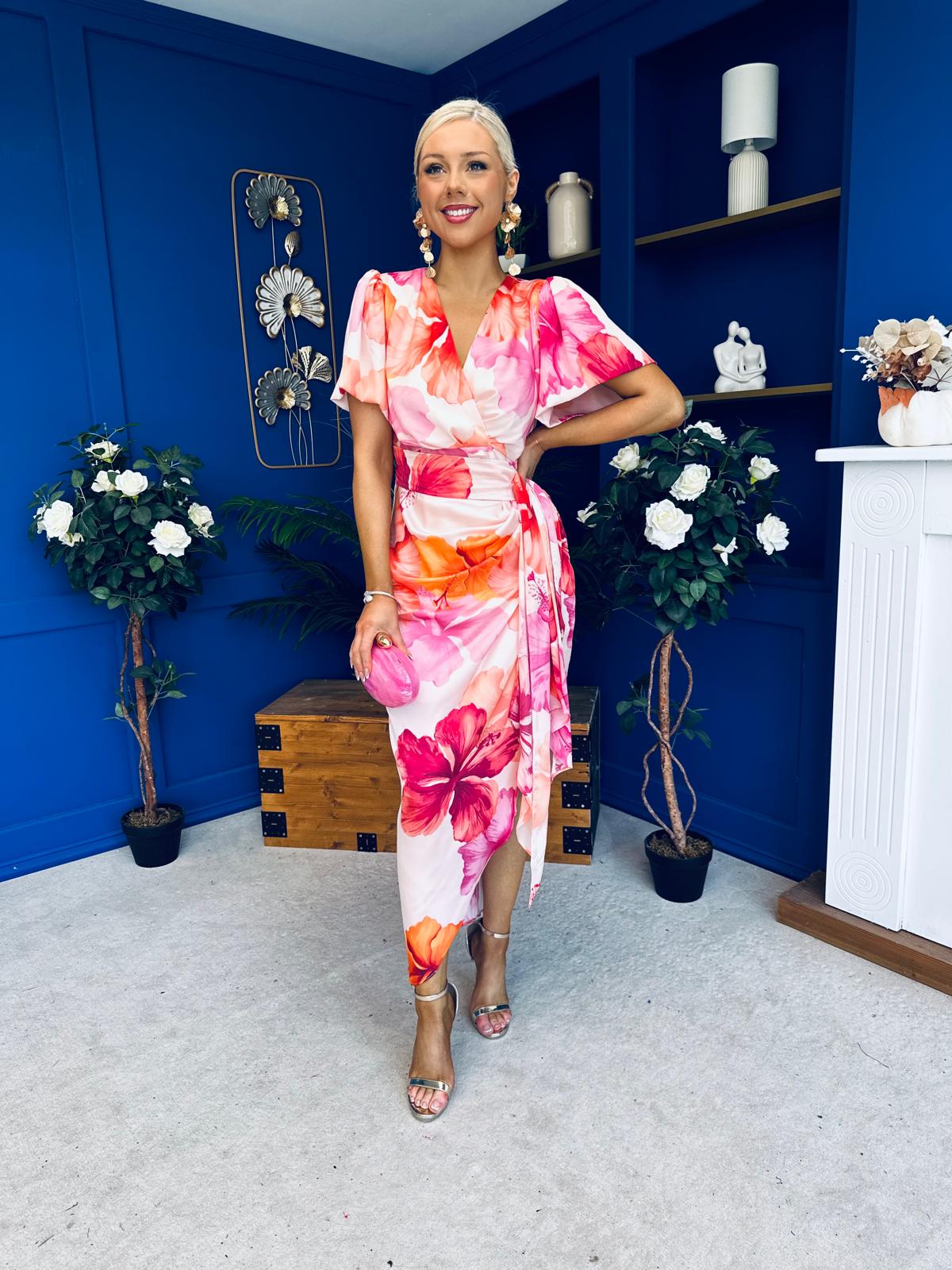 Drew Puff Sleeve Wrap Front Midi Dress Pink & Orange