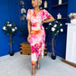 Drew Puff Sleeve Wrap Front Midi Dress Pink & Orange