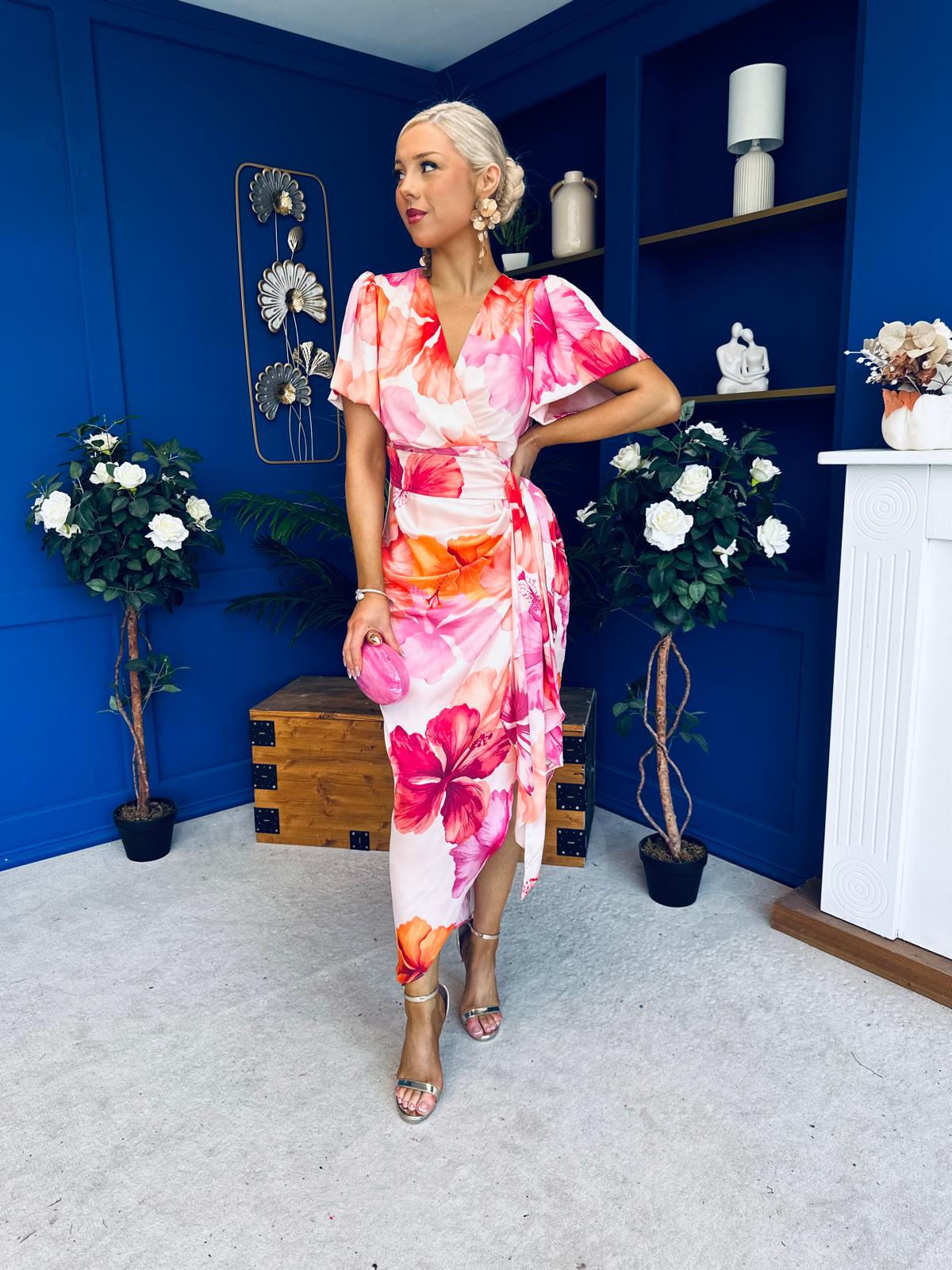Drew Puff Sleeve Wrap Front Midi Dress Pink & Orange
