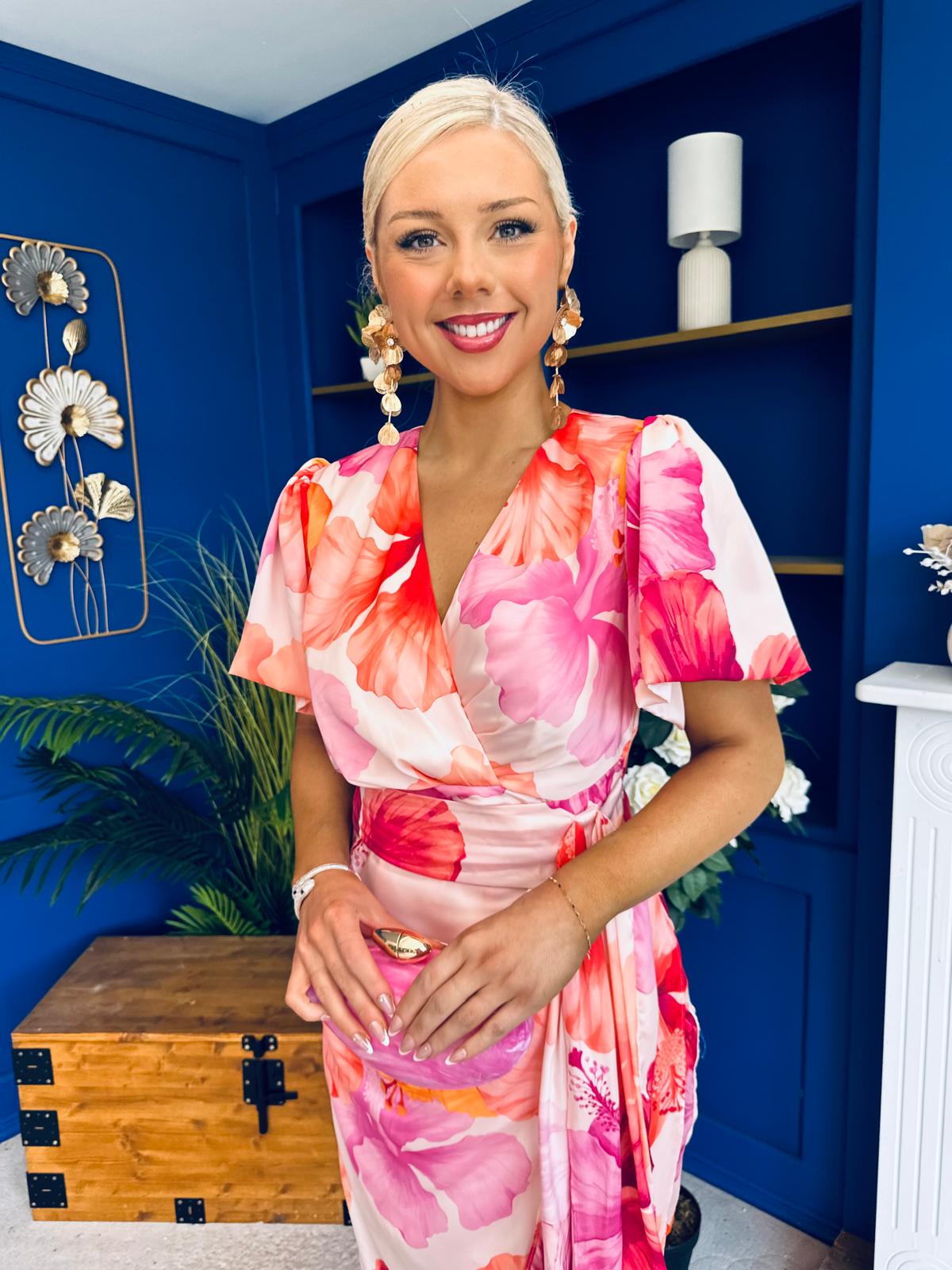 Drew Puff Sleeve Wrap Front Midi Dress Pink & Orange