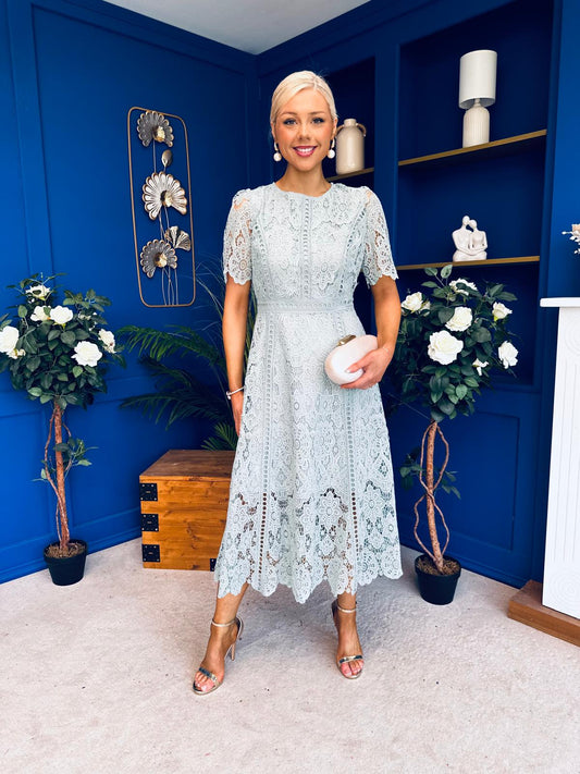 Niamh Crochet Occasion Midi Dress Sage