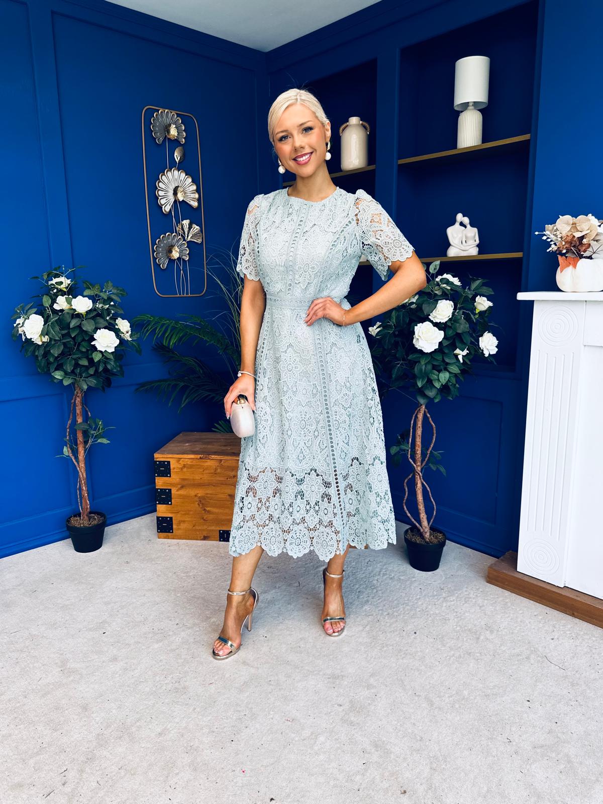 Niamh Crochet Occasion Midi Dress Sage