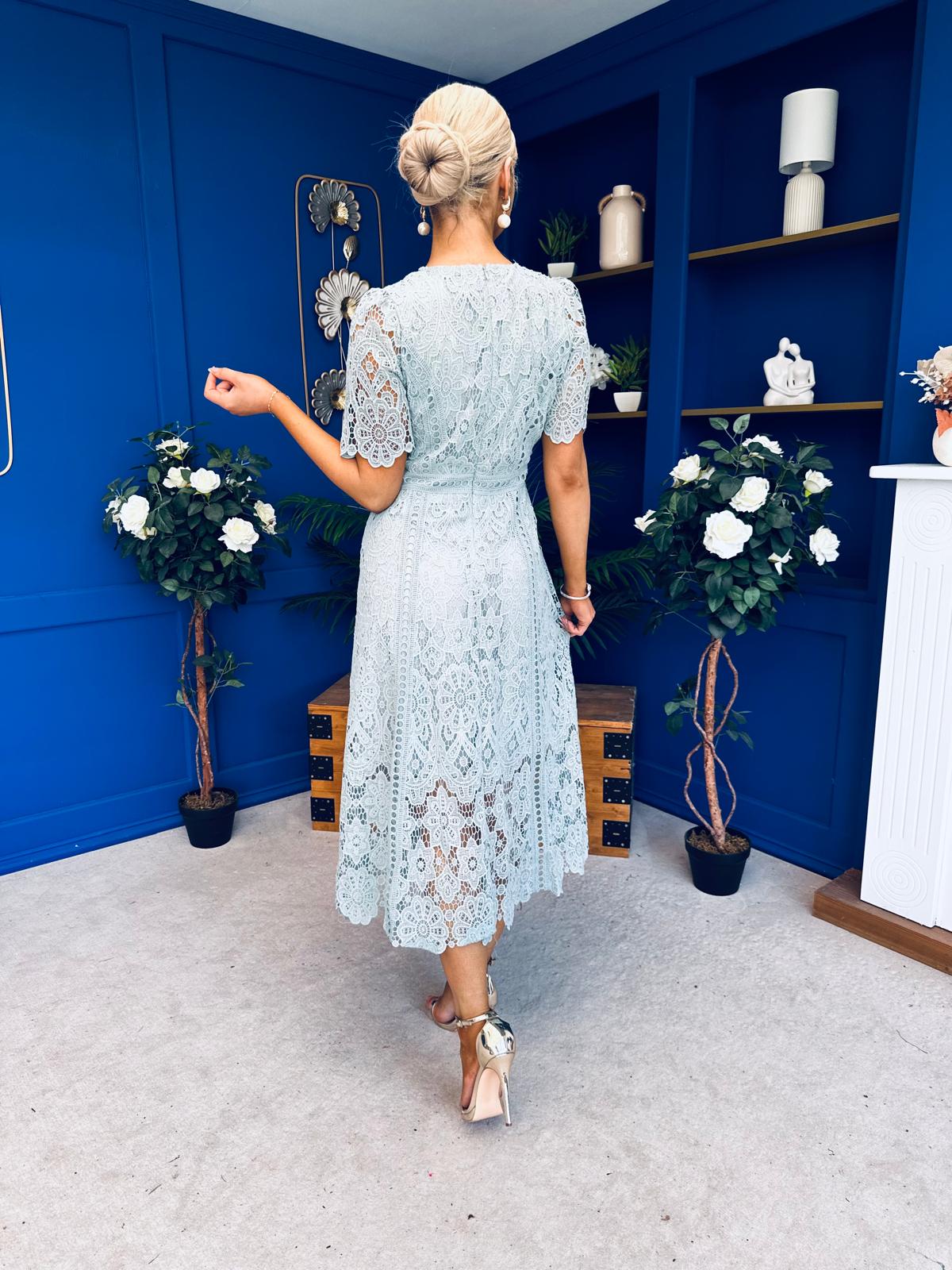 Niamh Crochet Occasion Midi Dress Sage