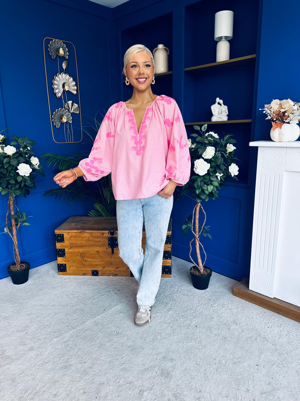 Gloria Embroidered Top Pink