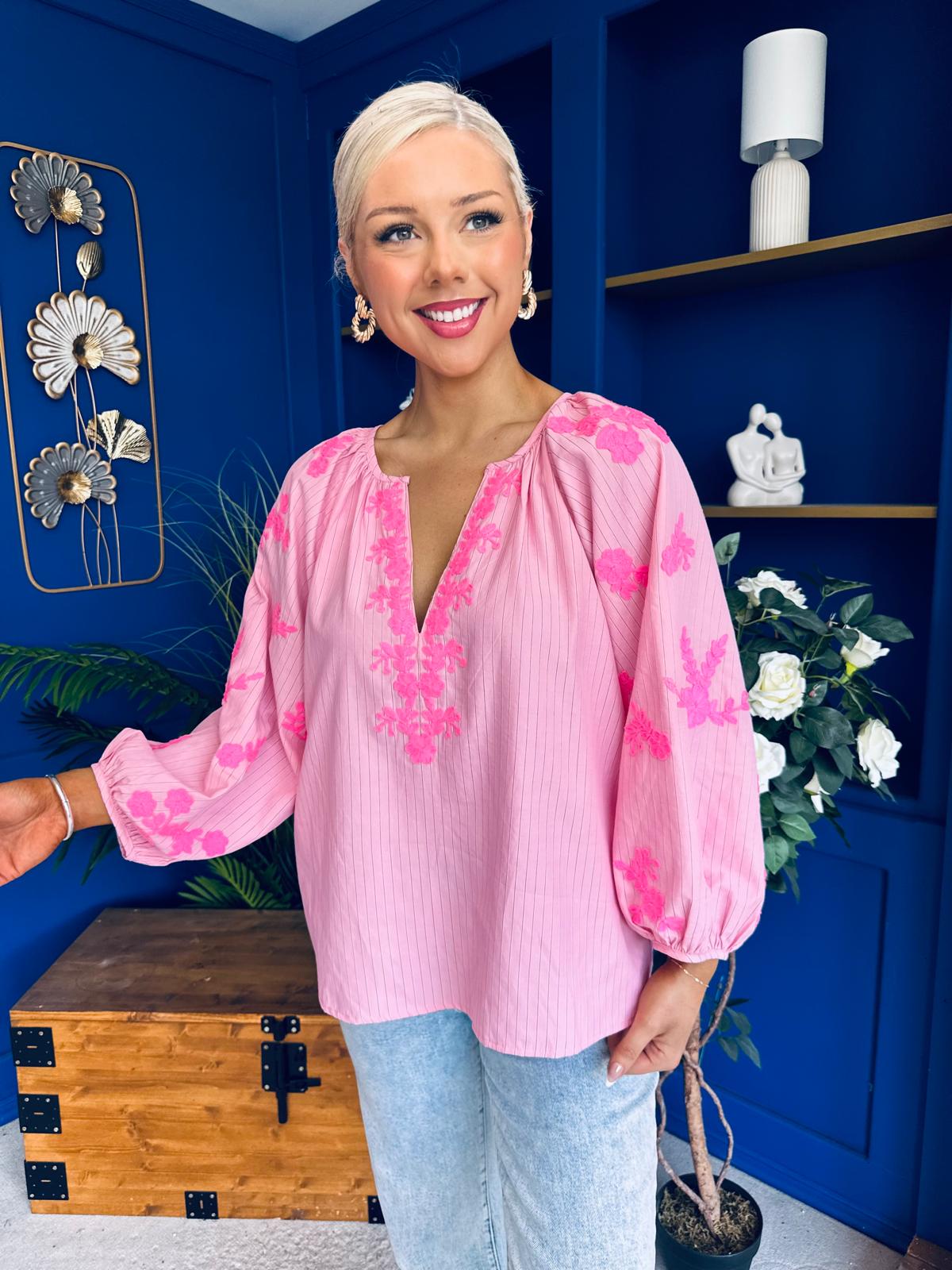 Gloria Embroidered Top Pink