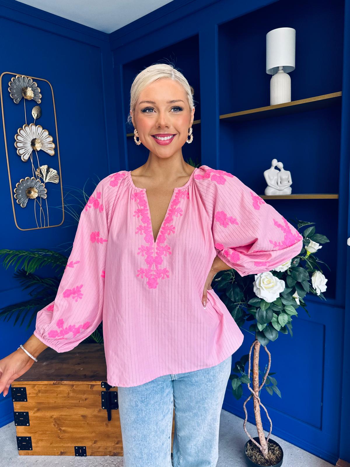 Gloria Embroidered Top Pink