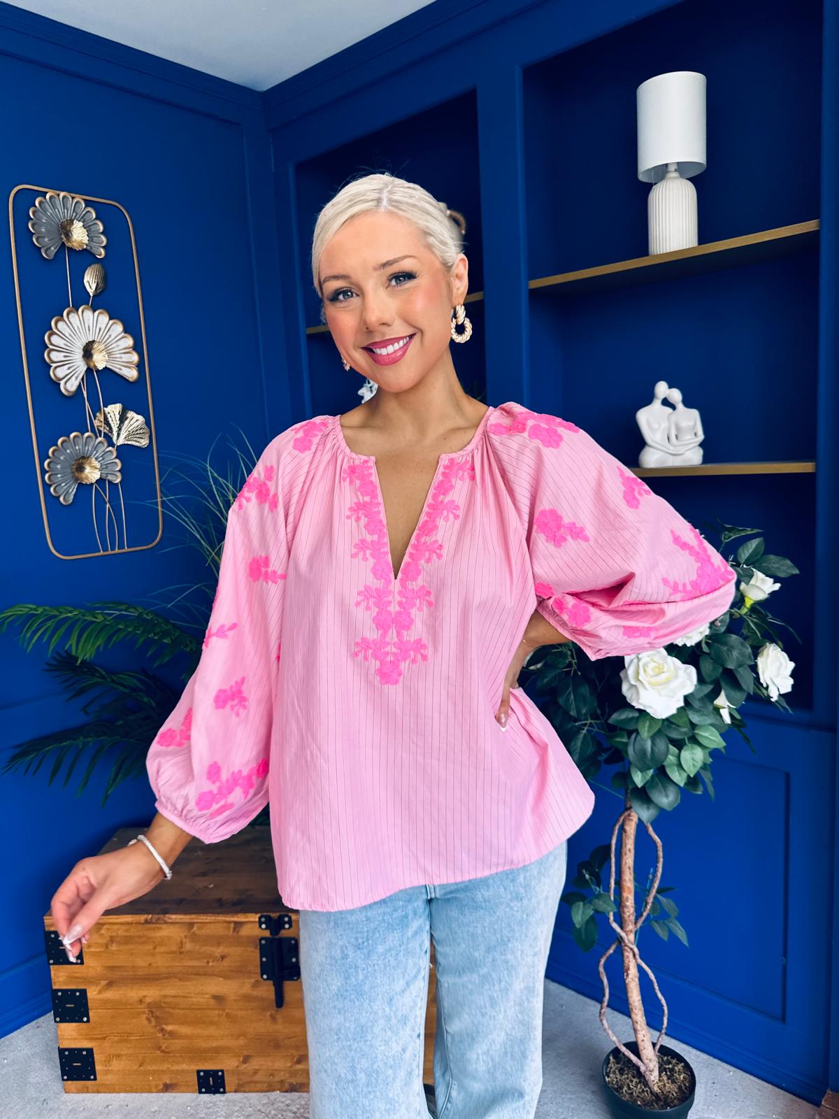 Gloria Embroidered Top Pink