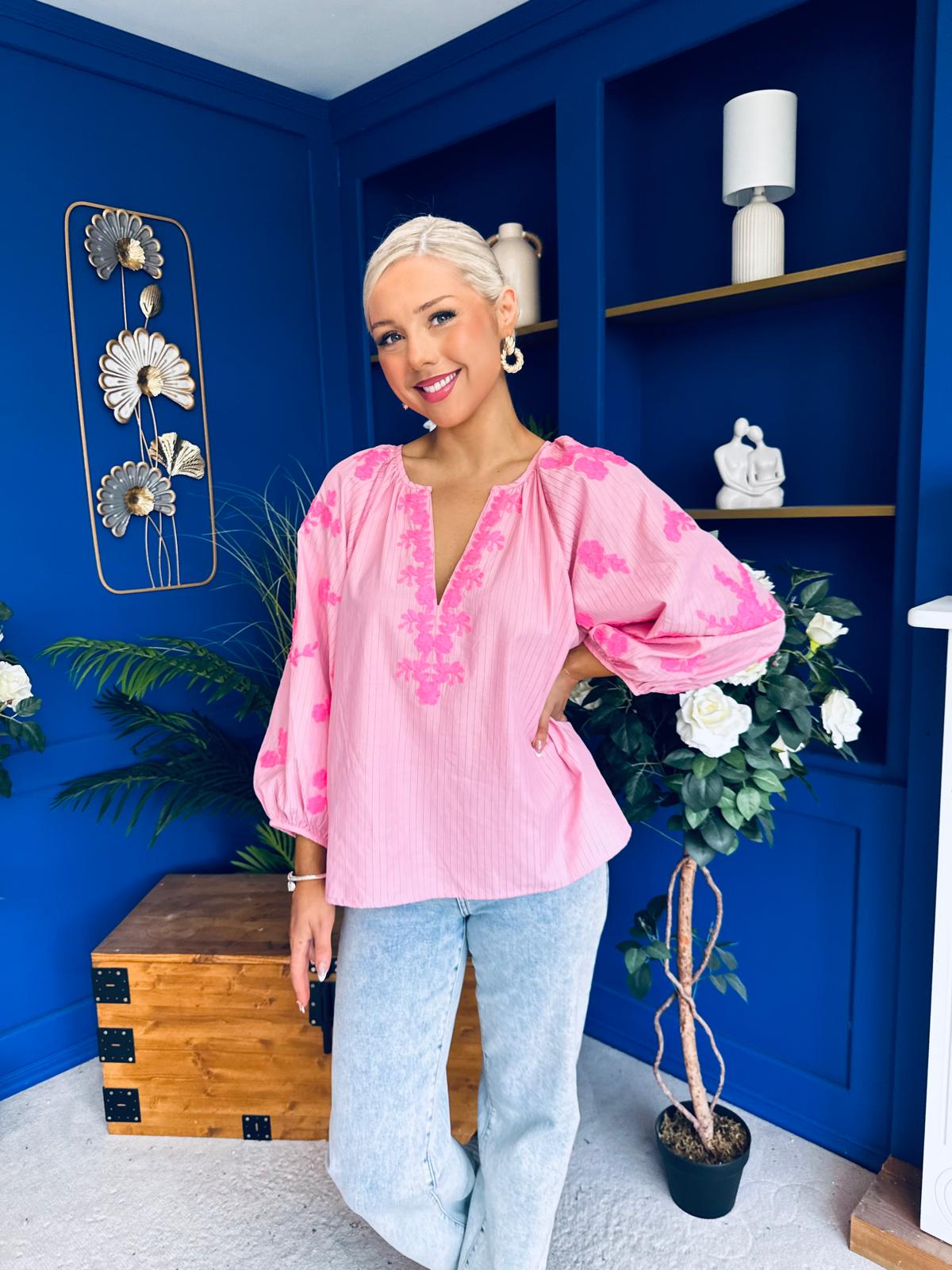 Gloria Embroidered Top Pink