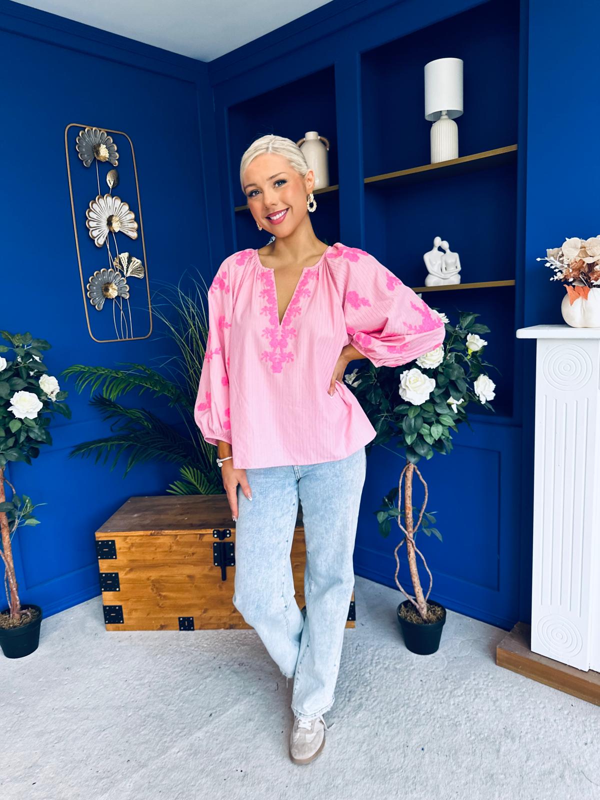 Gloria Embroidered Top Pink