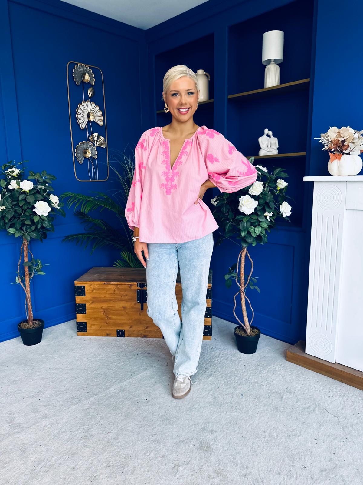 Gloria Embroidered Top Pink