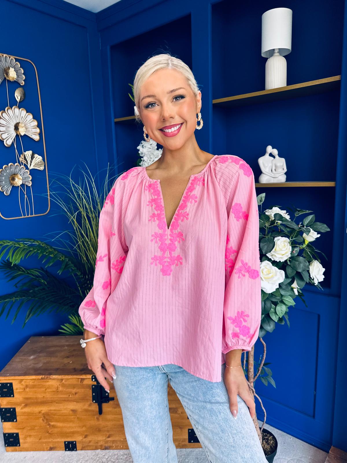Gloria Embroidered Top Pink