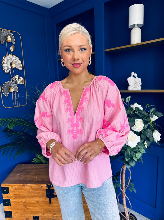 Gloria Embroidered Top Pink