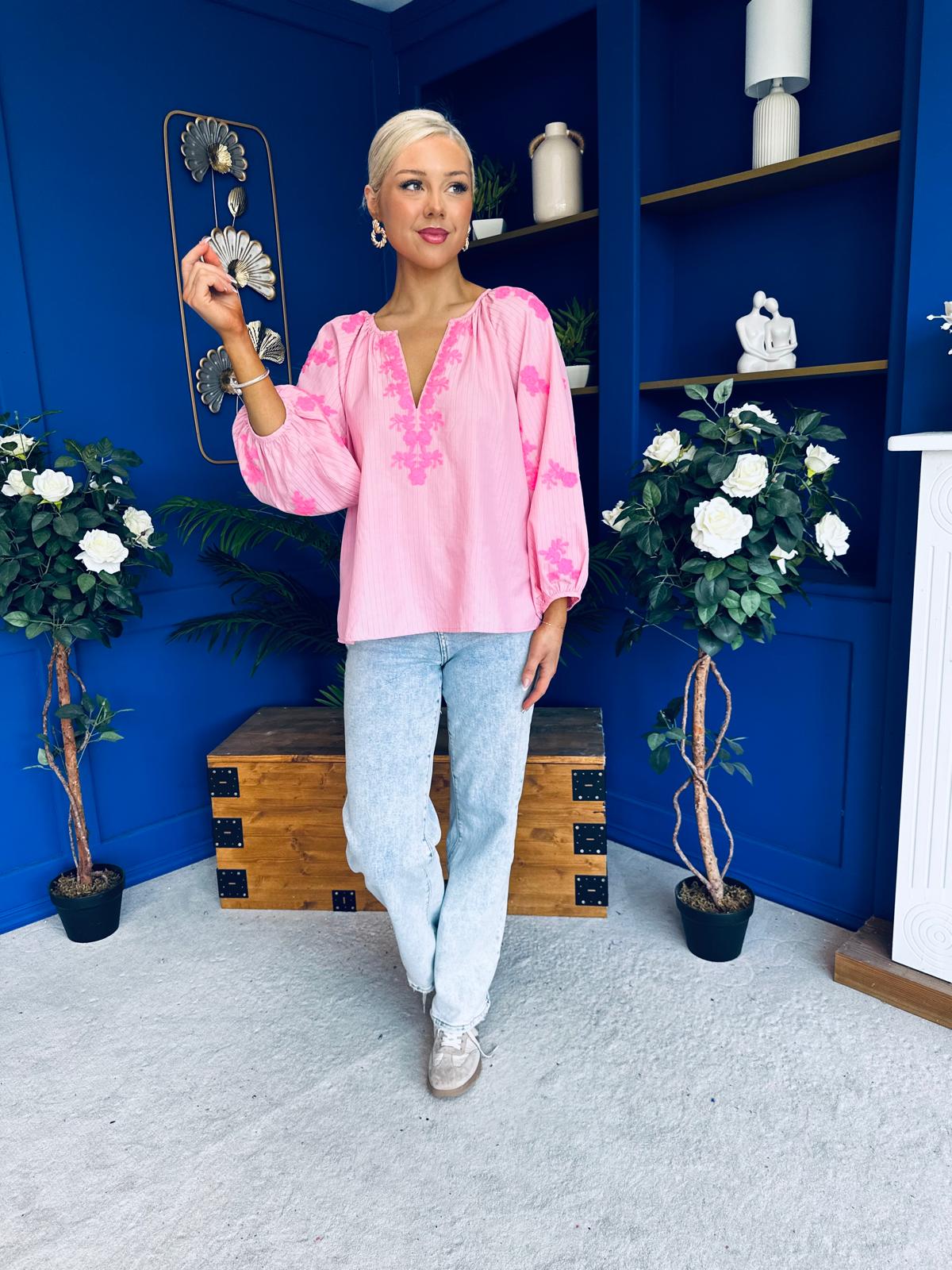 Gloria Embroidered Top Pink