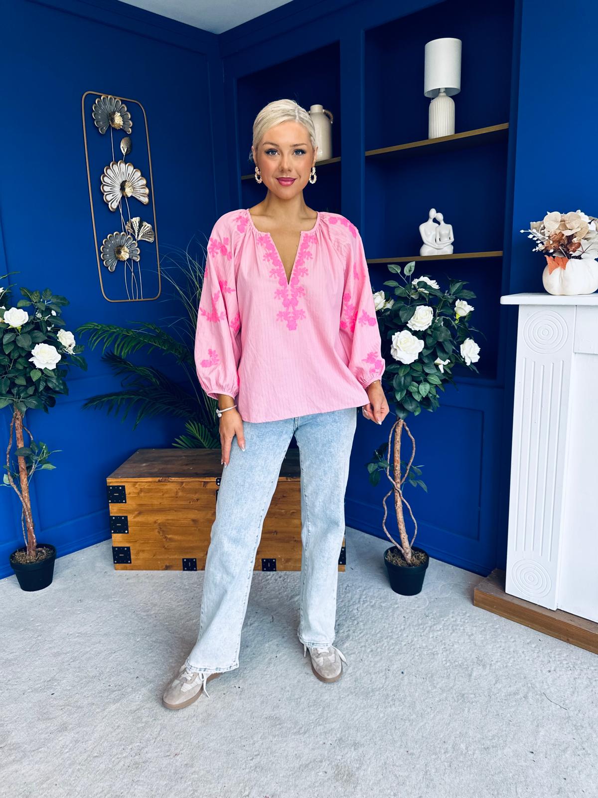 Gloria Embroidered Top Pink