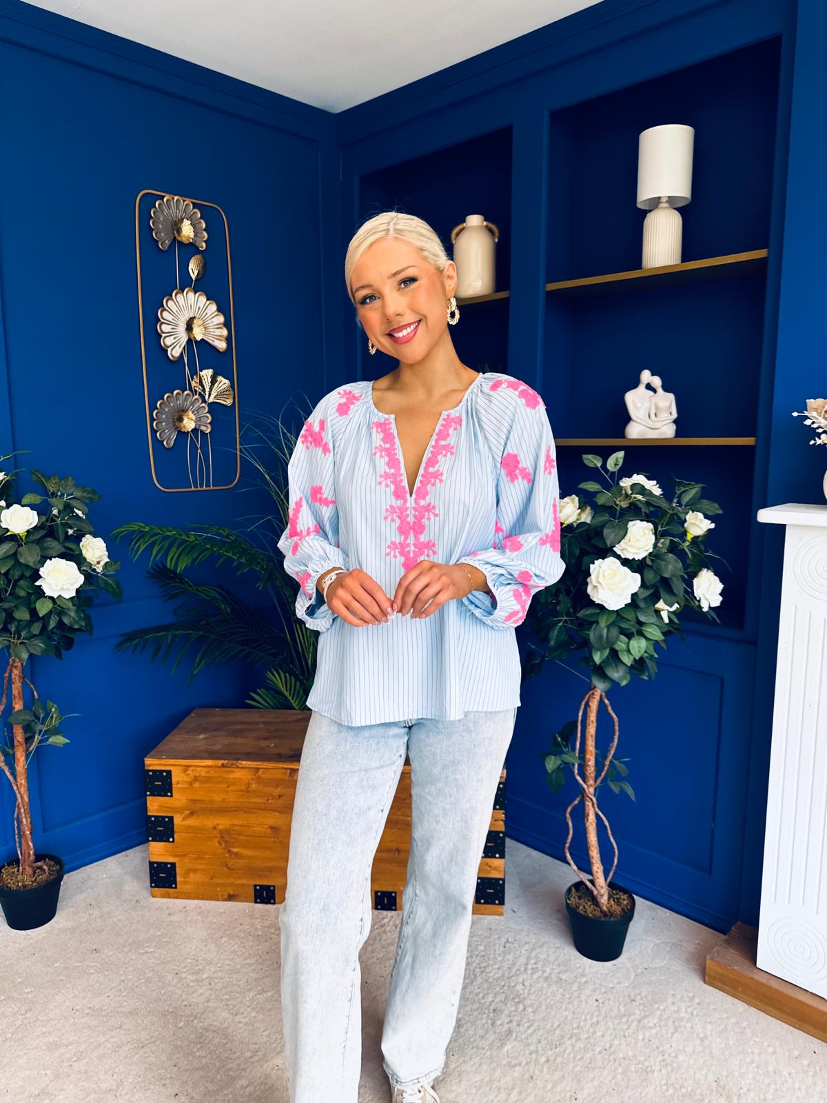 Gloria Embroidered Top Blue