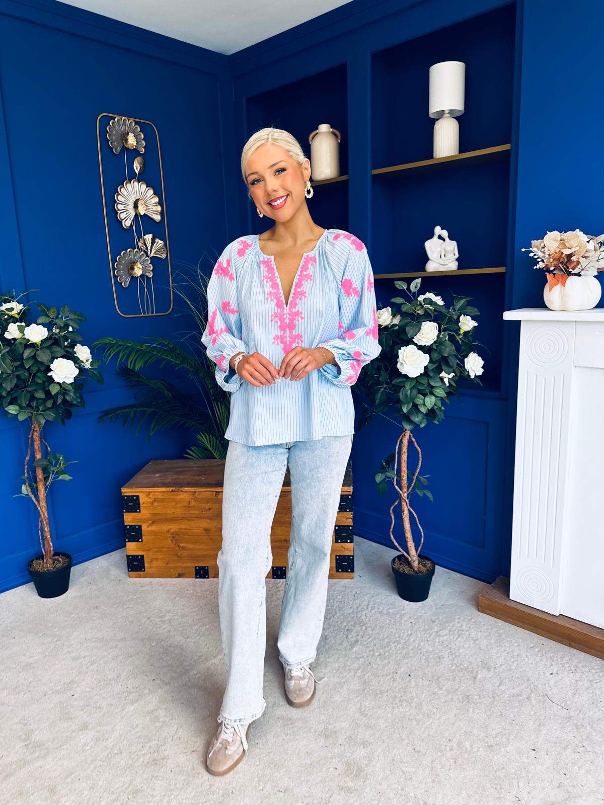 Gloria Embroidered Top Blue