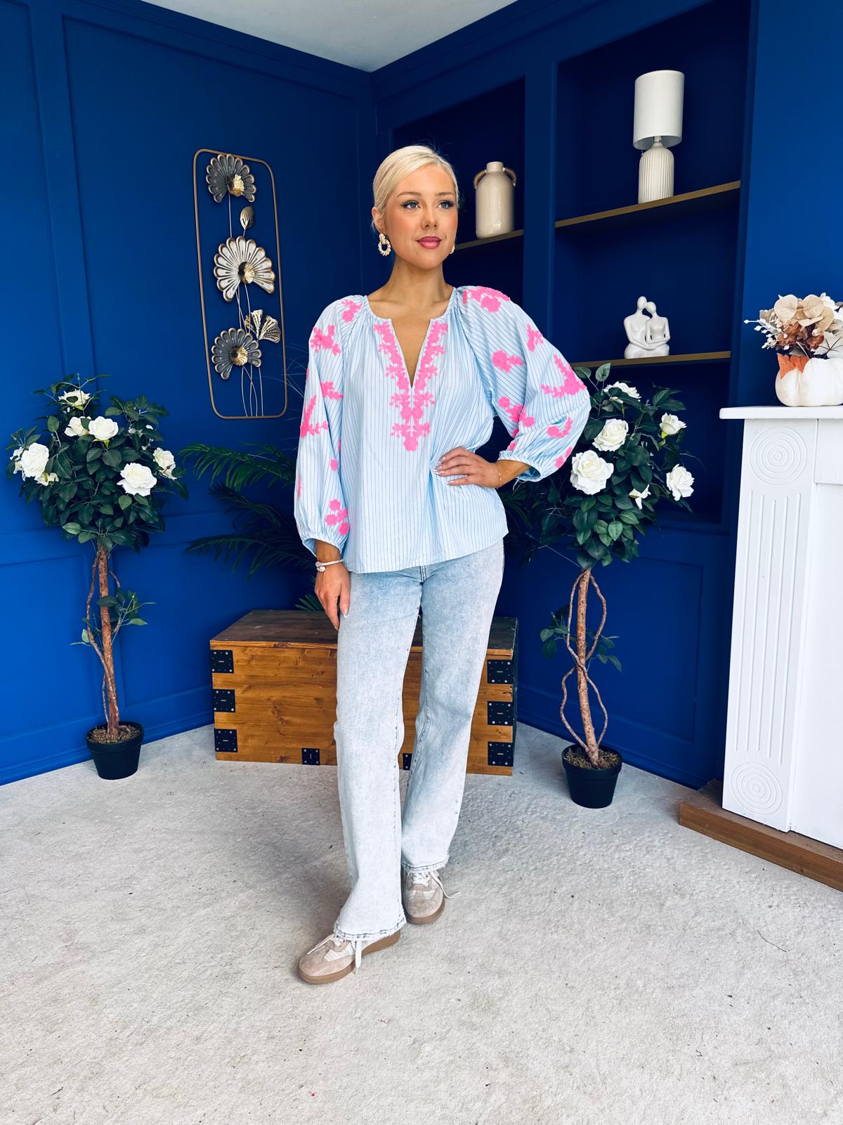 Gloria Embroidered Top Blue