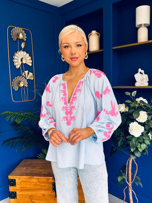 Gloria Embroidered Top Blue