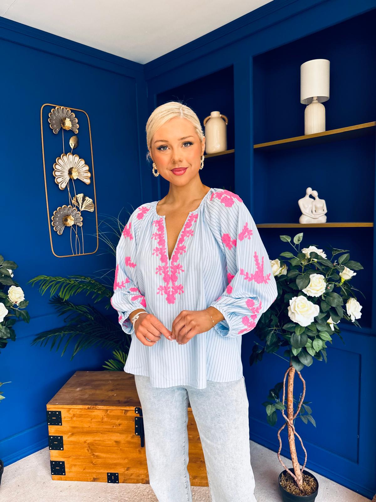 Gloria Embroidered Top Blue