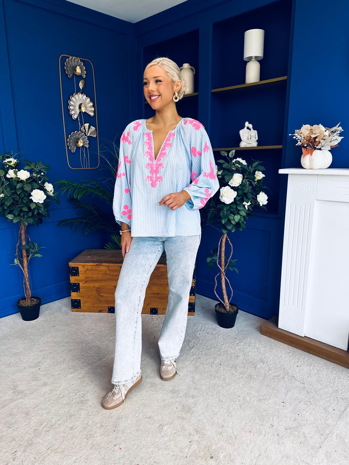 Gloria Embroidered Top Blue