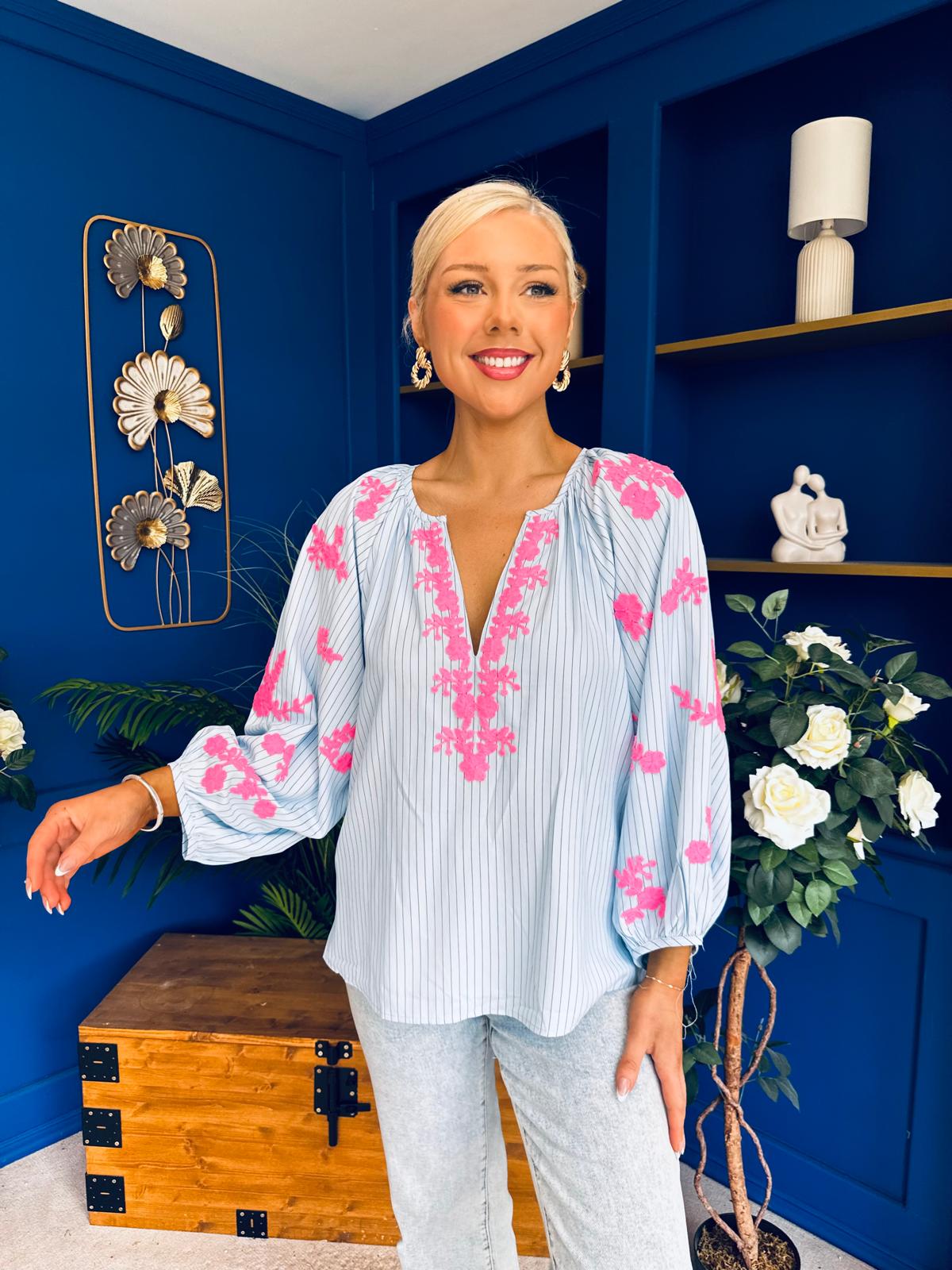 Gloria Embroidered Top Blue