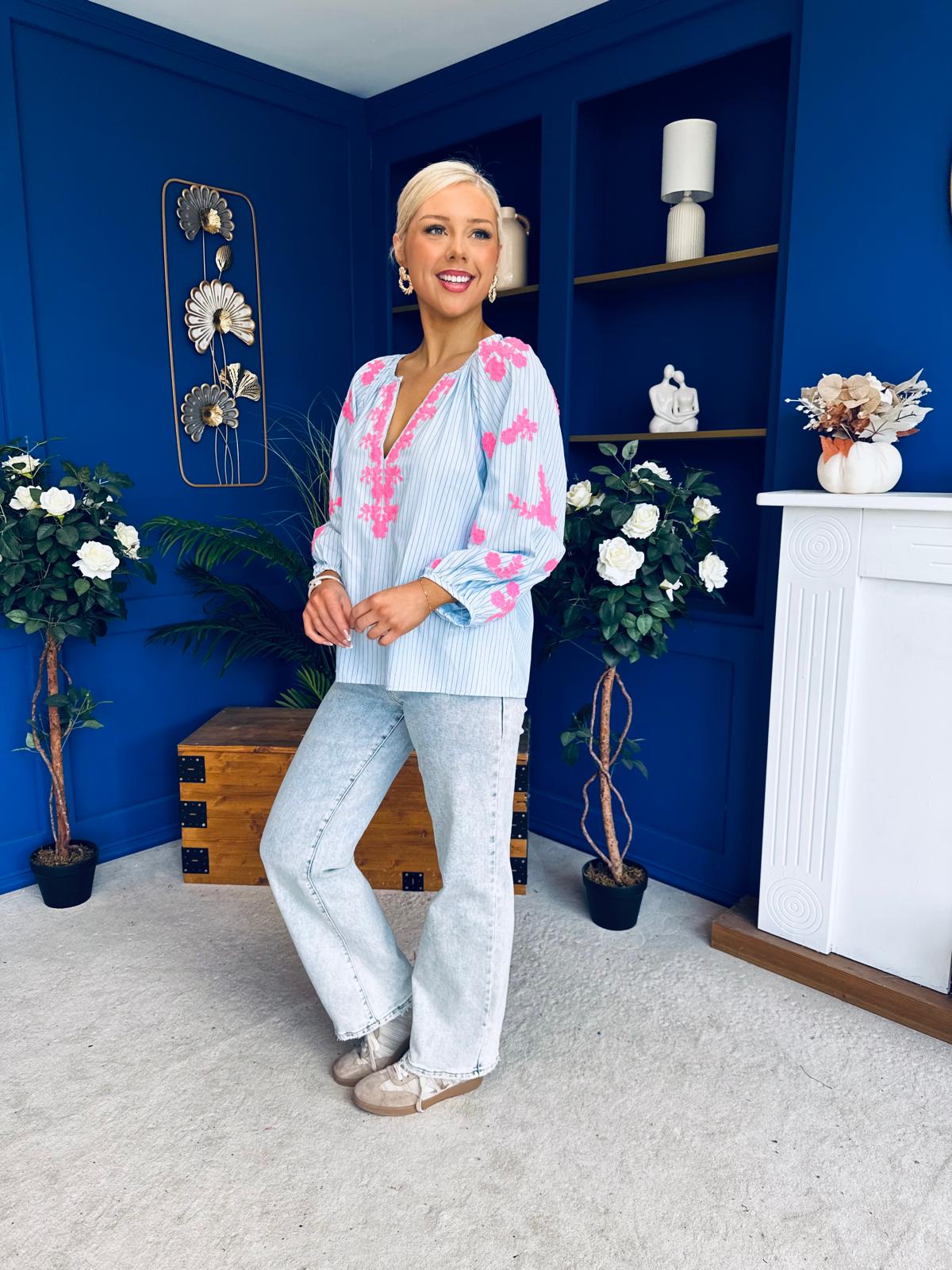 Gloria Embroidered Top Blue