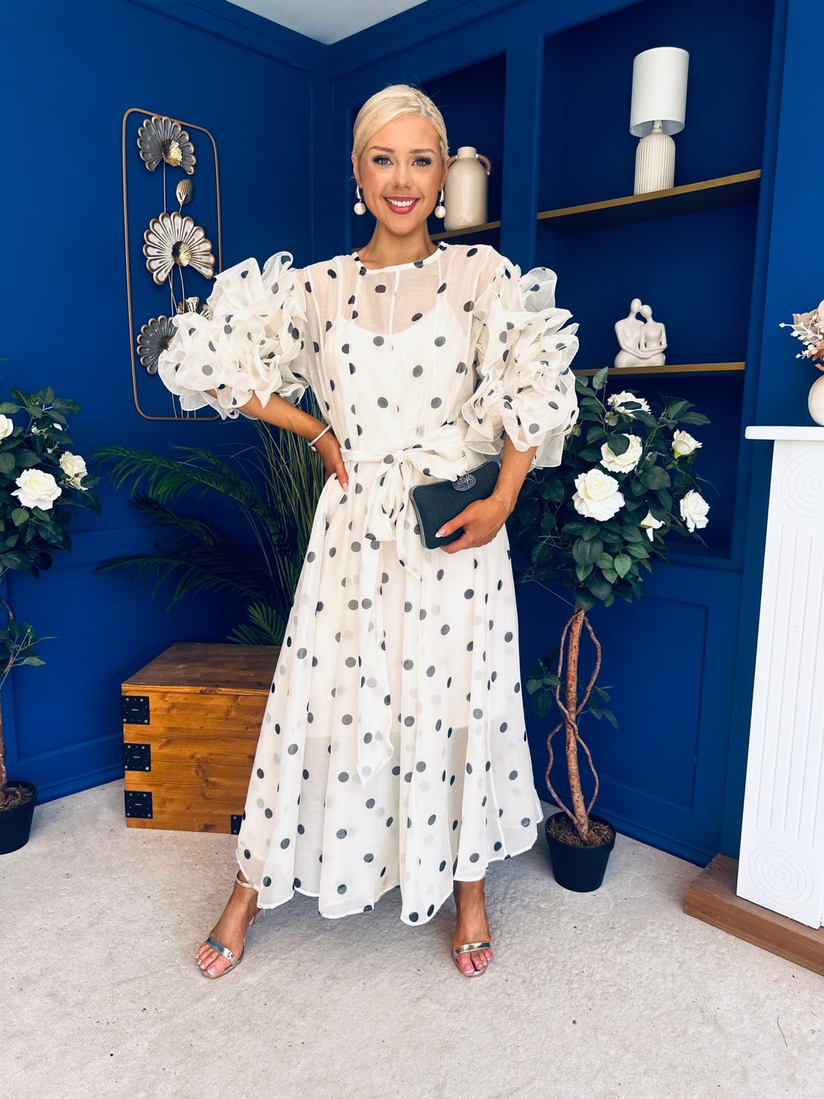 Ethna Frill Sleeve Occasion Dress Polka Cream