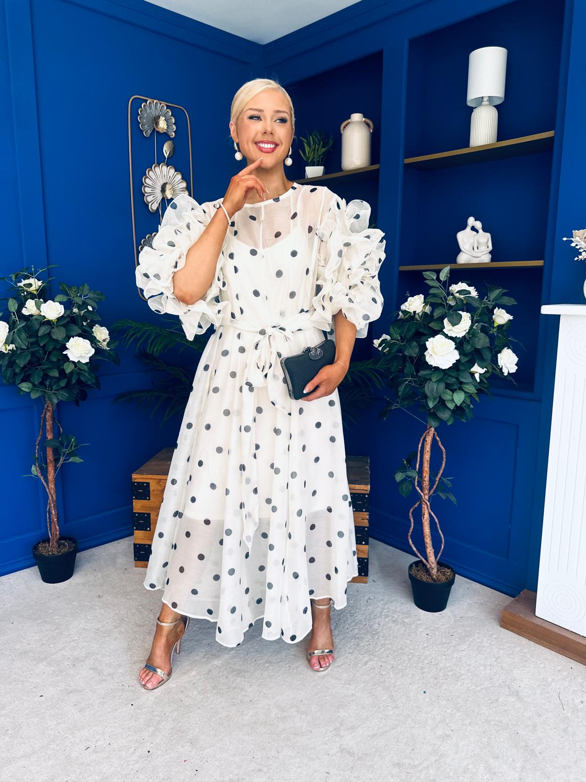 Ethna Frill Sleeve Occasion Dress Polka Cream