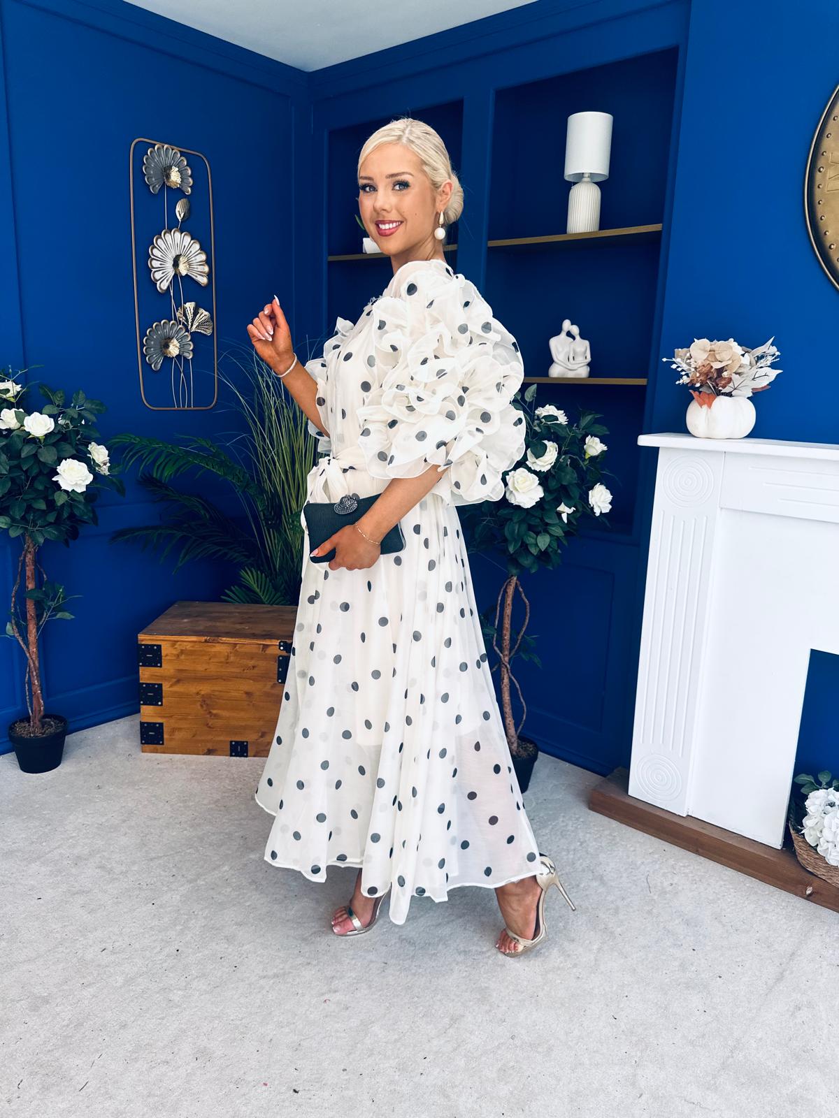Ethna Frill Sleeve Occasion Dress Polka Cream