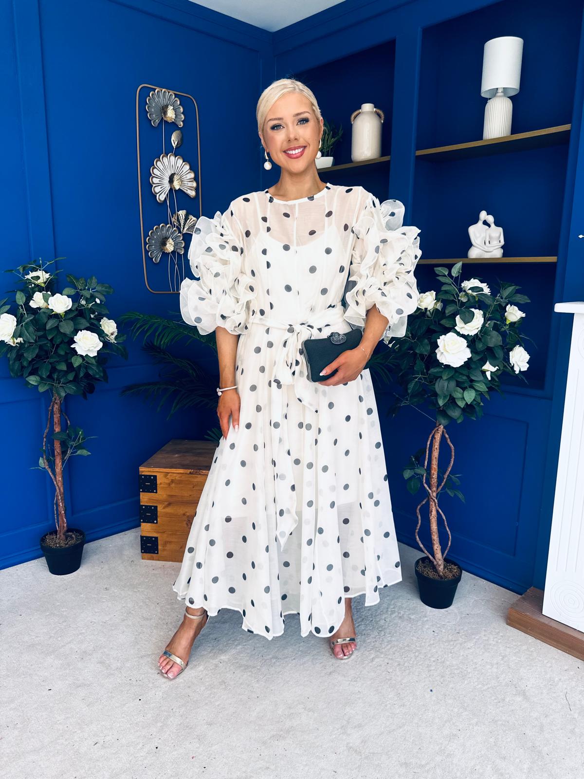Ethna Frill Sleeve Occasion Dress Polka Cream